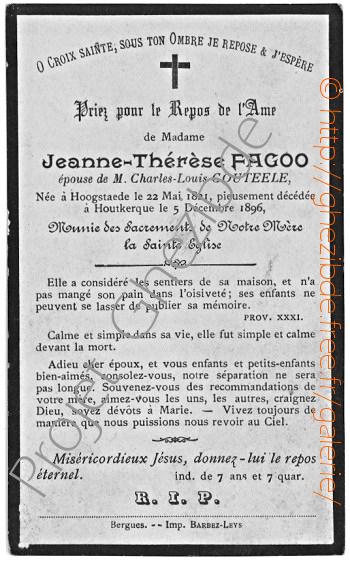 Jeanne Thérèse Fagoo épouse de Charles Louis Couteele, décédée à Houtkerque, le 5 Décembre 1896.